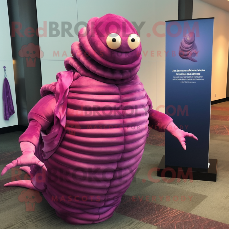 Magenta Trilobite mascot costume character dressed with a Evening Gown and Scarves