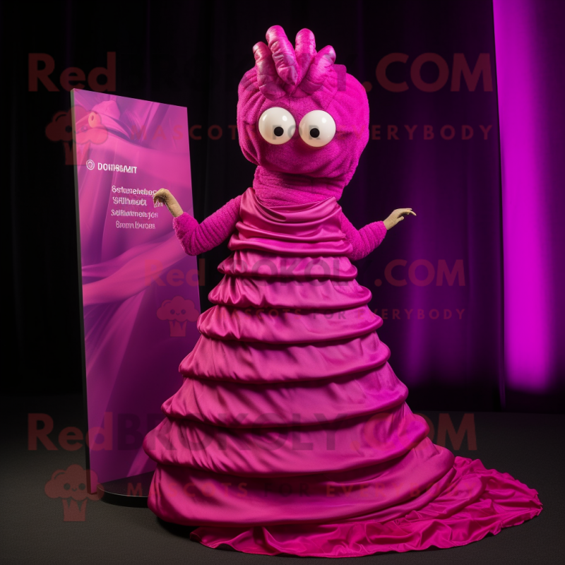 Magenta Trilobite mascot costume character dressed with a Evening Gown and Scarves Magenta Trilobite mascot costume character dressed with a Evening Gown and Scarves