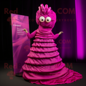 Magenta Trilobite mascot costume character dressed with a Evening Gown and Scarves