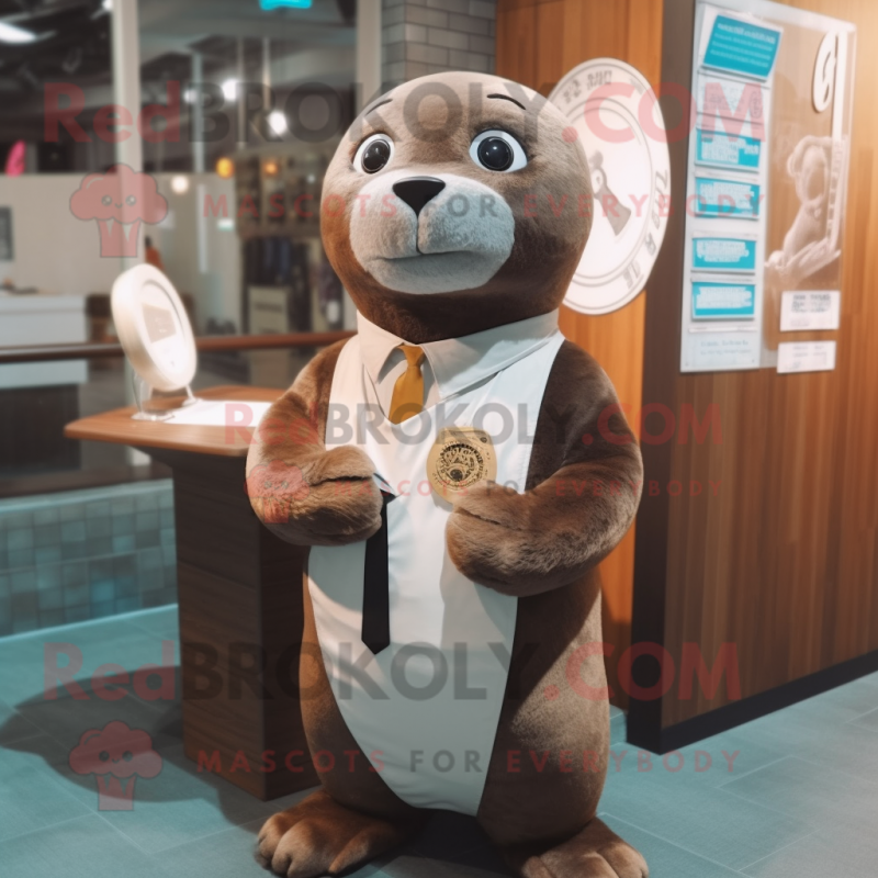 Brown Seal mascot costume character dressed with a Suit and Watches