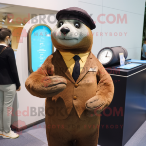 Brown Seal mascot costume character dressed with a Suit and Watches