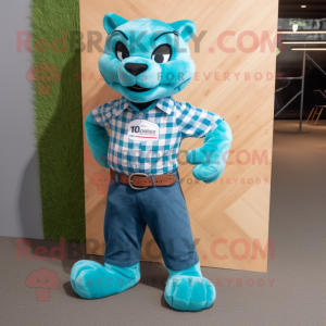 Turquoise Puma mascot costume character dressed with a Flannel Shirt and Clutch bags