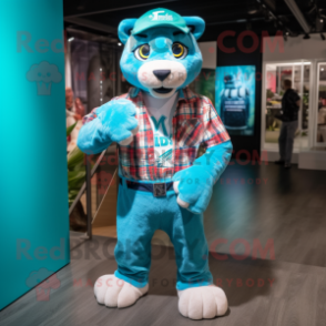 Turquoise Puma mascot costume character dressed with a Flannel Shirt and Clutch bags