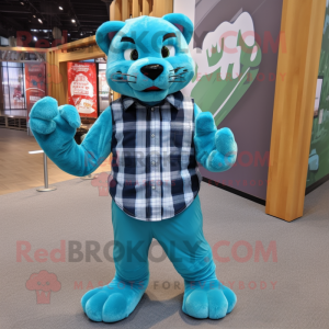 Turquoise Puma mascot costume character dressed with a Flannel Shirt and Clutch bags