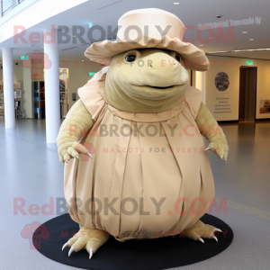 Beige Glyptodon mascot costume character dressed with a Evening Gown and Hat pins