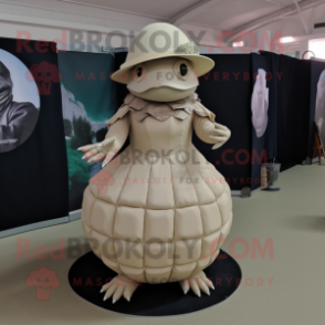 Beige Glyptodon mascot costume character dressed with a Evening Gown and Hat pins