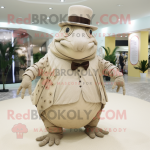 Beige Glyptodon mascot costume character dressed with a Evening Gown and Hat pins