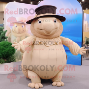 Beige Glyptodon mascot costume character dressed with a Evening Gown and Hat pins