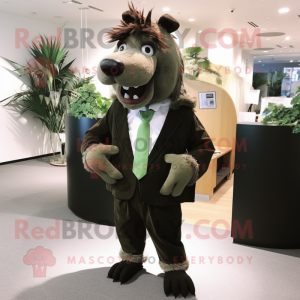 Olive Wild Boar mascot costume character dressed with a Suit Pants and Clutch bags