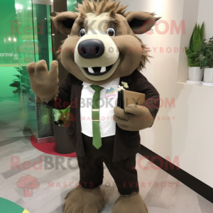 Olive Wild Boar mascot costume character dressed with a Suit Pants and Clutch bags