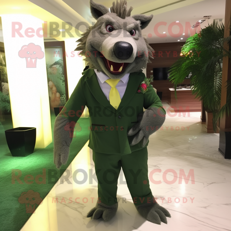 Olive Wild Boar mascot costume character dressed with a Suit Pants and Clutch bags Olive Wild Boar mascot costume character dressed with a Suit Pants and Clutch bags