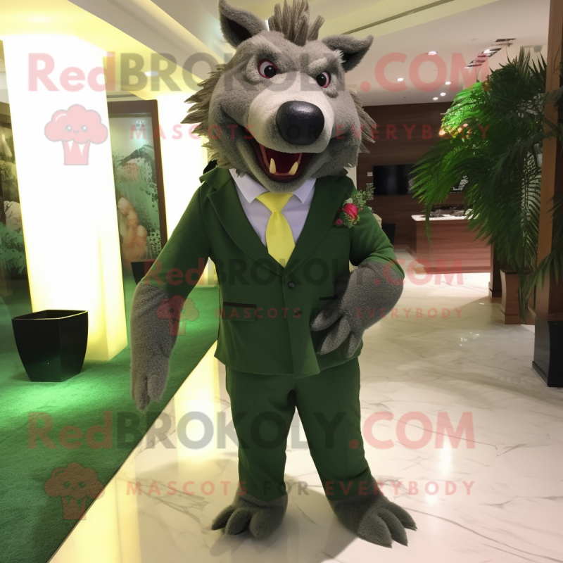 Olive Wild Boar mascot costume character dressed with a Suit Pants and Clutch bags