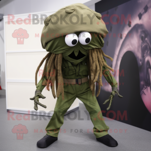 Olive Spider mascot costume character dressed with a Cargo Pants and Hair clips