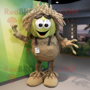 Olive Spider mascot costume character dressed with a Cargo Pants and Hair clips