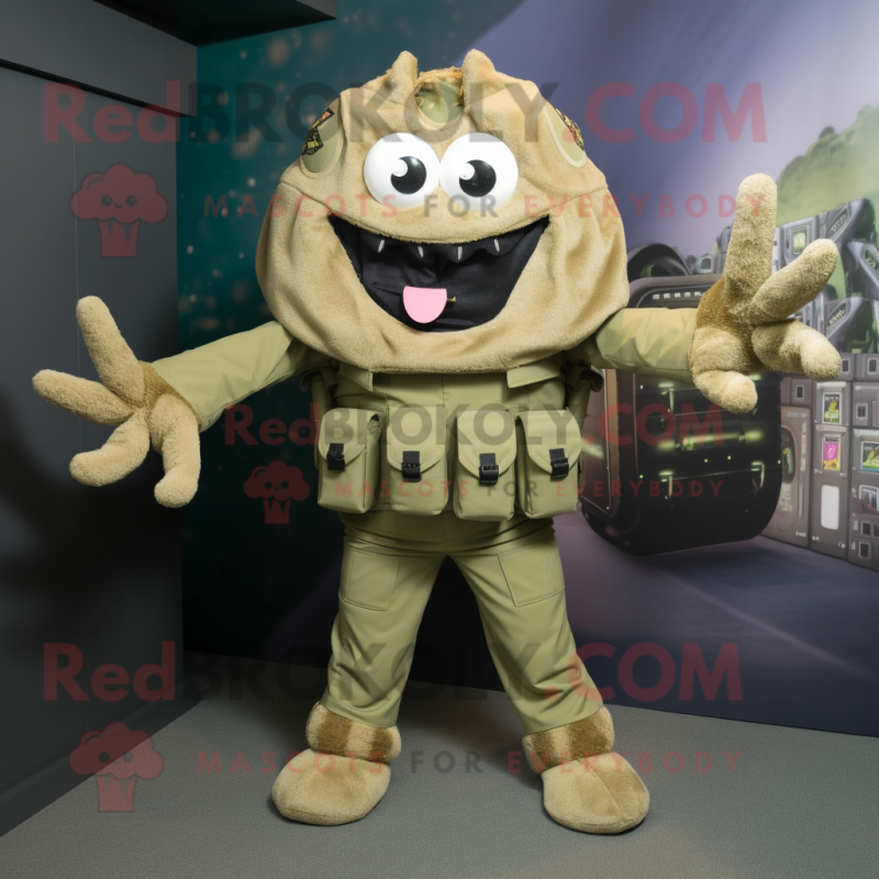 Olive Spider mascot costume character dressed with a Cargo Pants and Hair clips Olive Spider mascot costume character dressed with a Cargo Pants and Hair clips