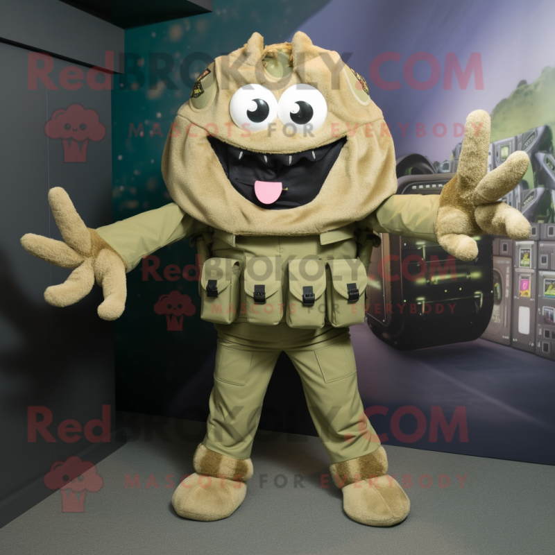 Olive Spider mascot costume character dressed with a Cargo Pants and Hair clips