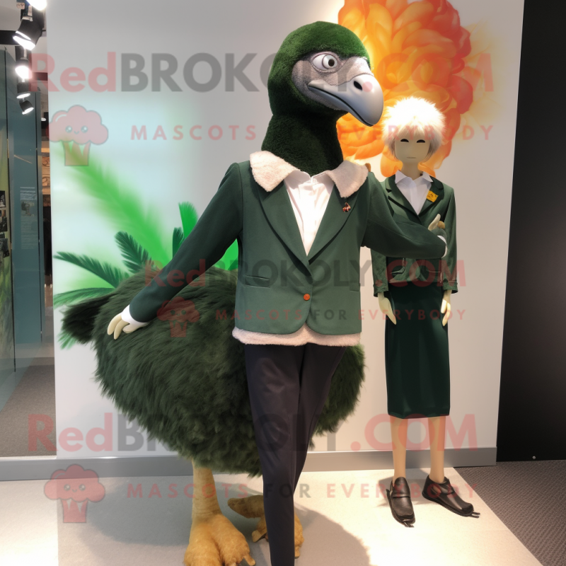 Forest Green Ostrich mascot costume character dressed with a Blazer and Hair clips