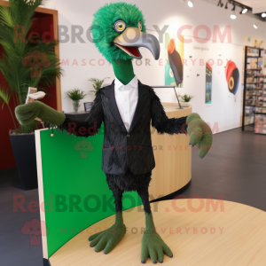 Forest Green Ostrich mascot costume character dressed with a Blazer and Hair clips