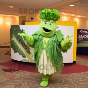 Lime Green Caesar Salad mascot costume character dressed with a Suit and Shawl pins