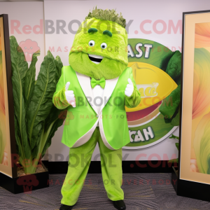 Lime Green Caesar Salad mascot costume character dressed with a Suit and Shawl pins