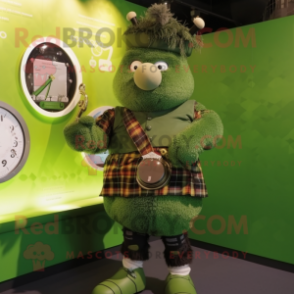 Olive Bagpipe mascot costume character dressed with a Playsuit and Digital watches