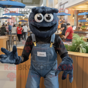 Black Crab Cakes mascot costume character dressed with a Denim Shirt and Mittens