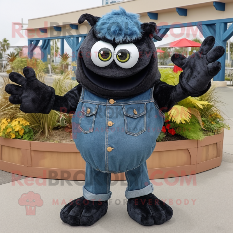 Black Crab Cakes mascot costume character dressed with a Denim Shirt and Mittens Black Crab Cakes mascot costume character dressed with a Denim Shirt and Mittens