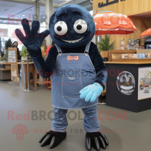 Black Crab Cakes mascot costume character dressed with a Denim Shirt and Mittens