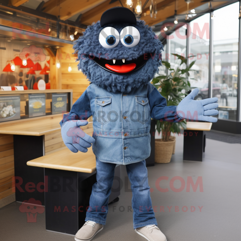 Black Crab Cakes mascot costume character dressed with a Denim Shirt and Mittens