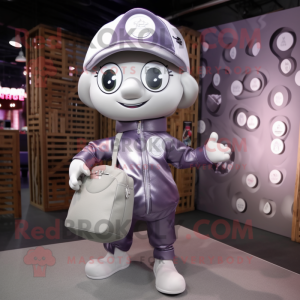 Silver Plum mascot costume character dressed with a Bomber Jacket and Tote bags