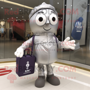 Silver Plum mascot costume character dressed with a Bomber Jacket and Tote bags