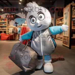 Silver Plum mascot costume character dressed with a Bomber Jacket and Tote bags