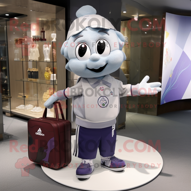 Silver Plum mascot costume character dressed with a Bomber Jacket and Tote bags