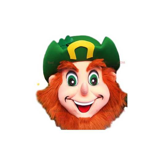Bearded cheerful leprechaun mascot with his green hat -