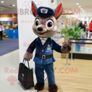 Navy Roe Deer mascot costume character dressed with a Jumpsuit and Messenger bags