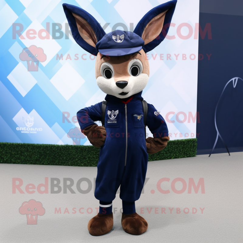 Navy Roe Deer mascot costume character dressed with a Jumpsuit and Messenger bags