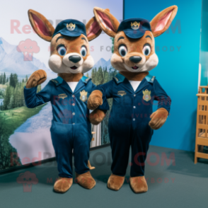 Navy Roe Deer mascot costume character dressed with a Jumpsuit and Messenger bags