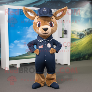 Navy Roe Deer mascot costume character dressed with a Jumpsuit and Messenger bags