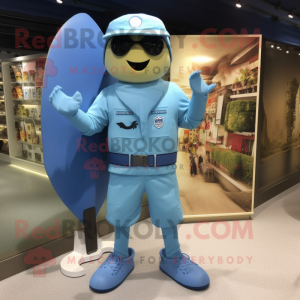 Sky Blue Navy Soldier mascot costume character dressed with a Board Shorts and Foot pads