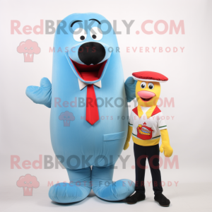 Sky Blue Hot Dog mascot costume character dressed with a Waistcoat and Tie pins