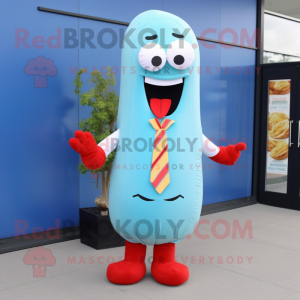 Sky Blue Hot Dog mascot costume character dressed with a Waistcoat and Tie pins
