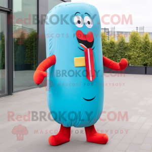 Sky Blue Hot Dog mascot costume character dressed with a Waistcoat and Tie pins