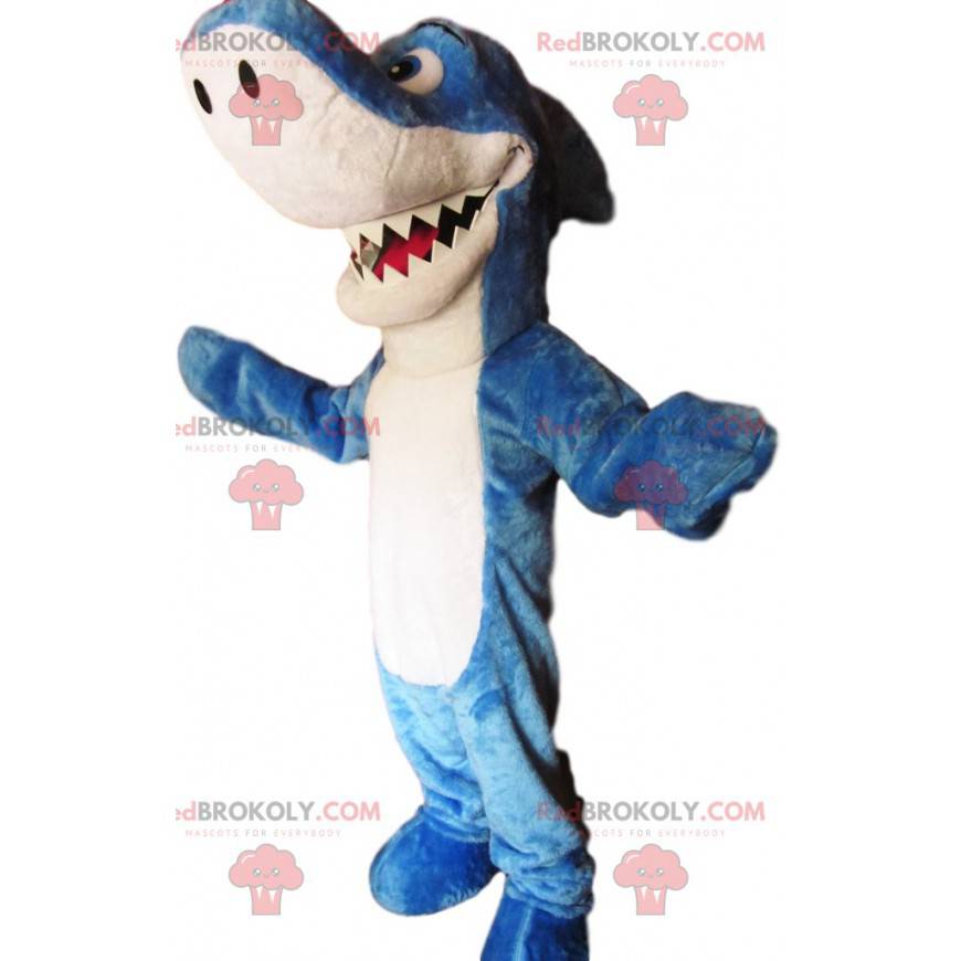 Mascotte squalo blu e bianco impressionante e divertente -