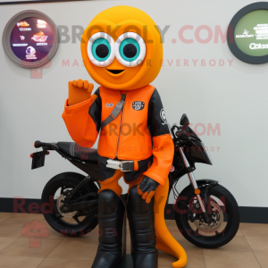 Orange Squid mascot costume character dressed with a Moto Jacket and Digital watches