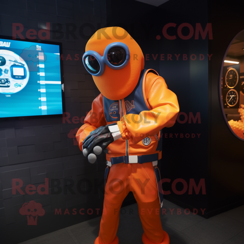 Orange Squid mascot costume character dressed with a Moto Jacket and Digital watches