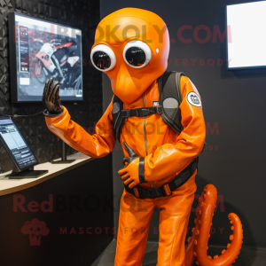 Orange Squid mascot costume character dressed with a Moto Jacket and Digital watches