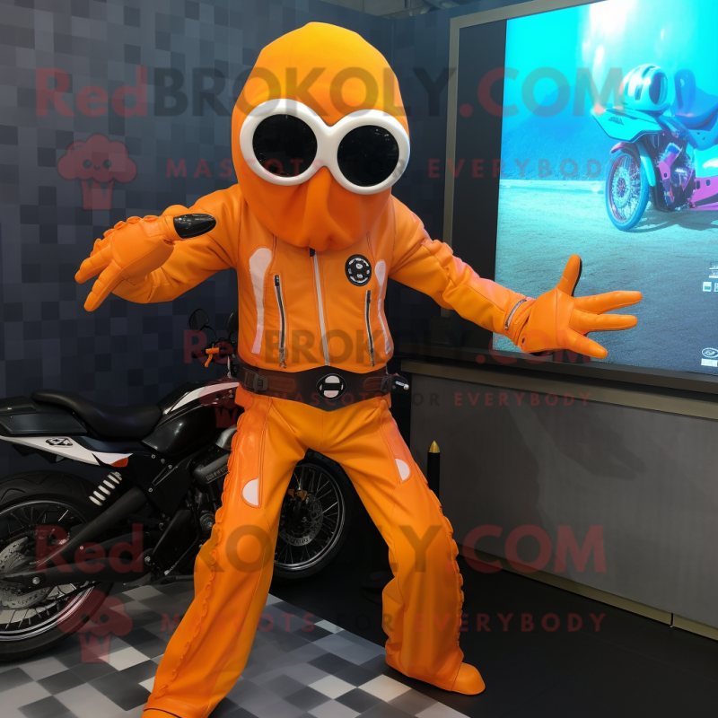 Orange Squid mascot costume character dressed with a Moto Jacket and Digital watches Orange Squid mascot costume character dressed with a Moto Jacket and Digital watches