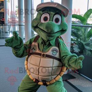 Forest Green Sea Turtle mascot costume character dressed with a Overalls and Keychains