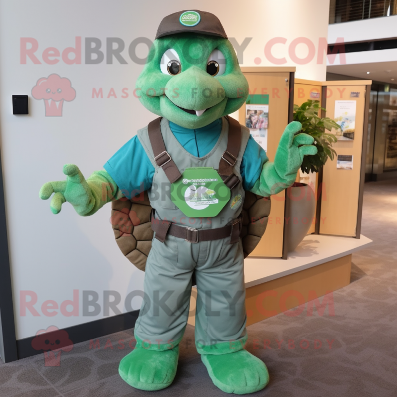 Forest Green Sea Turtle mascot costume character dressed with a Overalls and Keychains