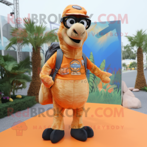 Orange Camel mascot costume character dressed with a Denim Shorts and Eyeglasses